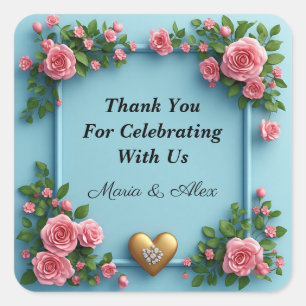 🌷 Gouden Hart Roze Roos Blauwe Trouwset 💍 Vierkante Sticker