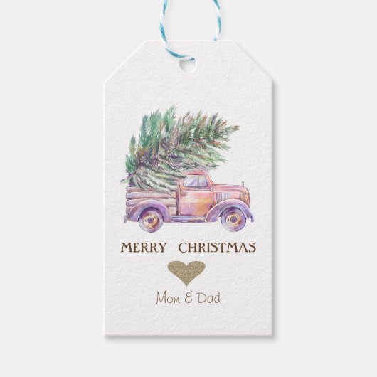 Gouden Hart, Roze Vrachtwagen Pine Trees Kerstmis Cadeaulabel (Voorkant)