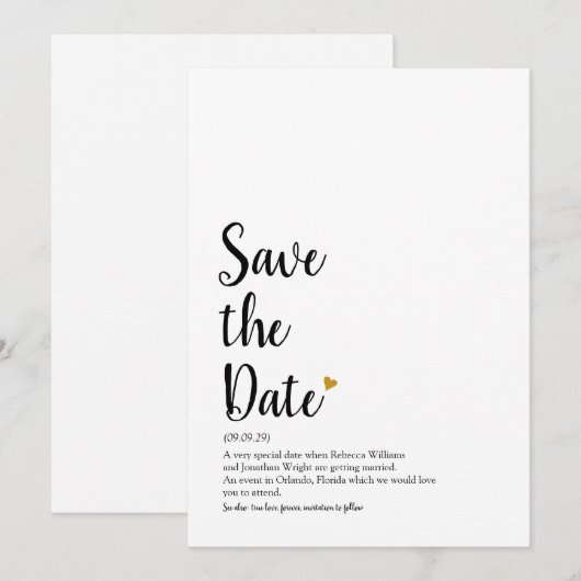 Gouden Hart Script Bewaar de Datum Definitie Save The Date (Voorkant / Achterkant)