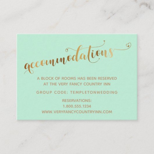 Gouden Hart Script Mint Groen Trouwaccommodatiekaa Informatiekaartje (Voorkant)