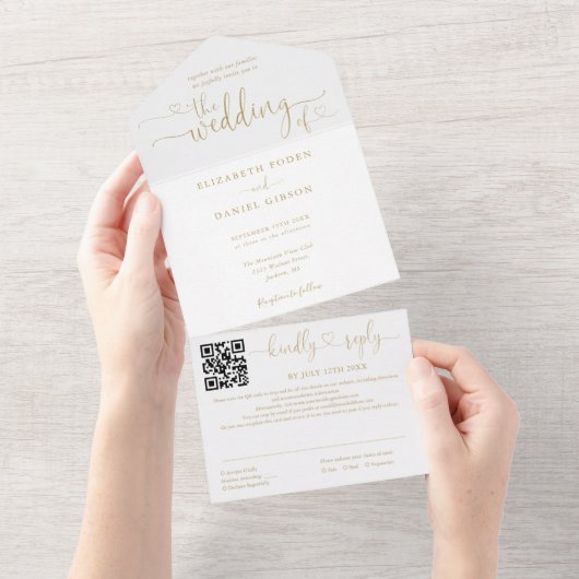 Gouden Hart Script Moderne QR Code Trouwen All In One Uitnodiging (Afscheurbaar)