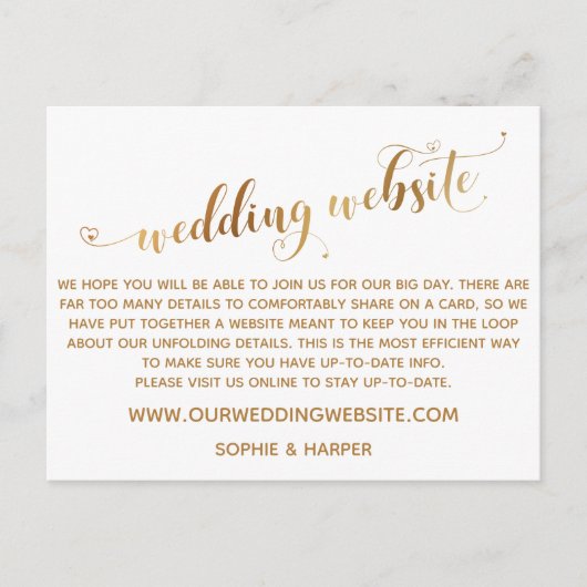 Gouden Hart Script op Witte Trouwwebsite Briefkaart (Voorkant)