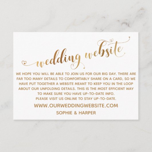 Gouden Hart Script op Witte Trouwwebsite Informatiekaartje (Voorkant)