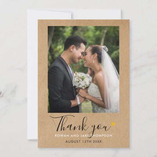 Gouden Hart Script Rustieke Kraft Trouwfoto Bedankkaart (Voorkant)