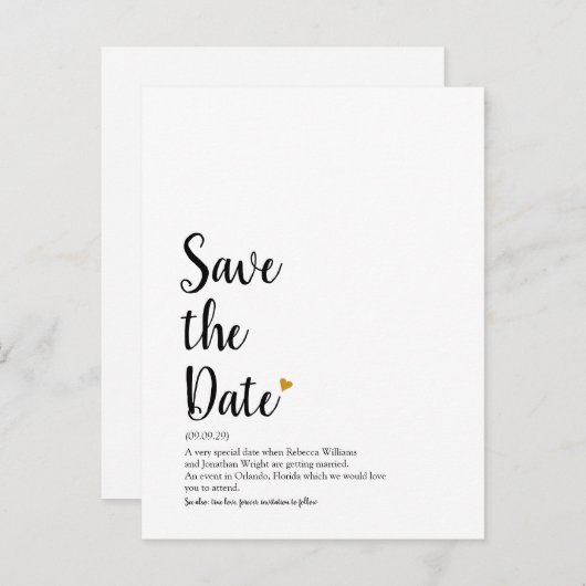 Gouden Hart Script Save the Date Definitie Aankondigingskaart (Voorkant / Achterkant)