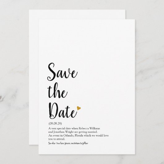 Gouden Hart Script Sla de Datum Op Definitie Save The Date (Voorkant / Achterkant)