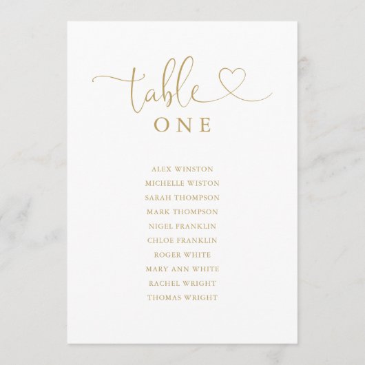 Gouden Hart Script Tafel Nummer Zitplaatskaart Kaart (Achterkant)
