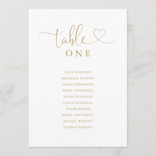 Gouden Hart Script Tafel Nummer Zitplaatskaart Kaart (Voorkant)