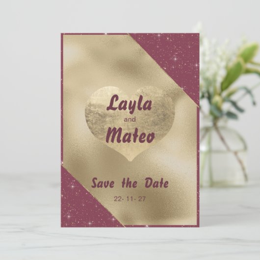 Gouden hart sparkle bordeauxrood glitter Save the Kaart (Staand voorkant)