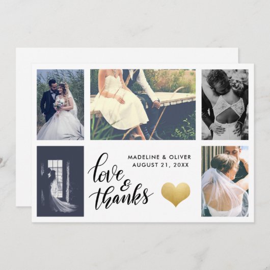 Gouden Hart | Trouwfoto | Liefde & Dank Script Bedankkaart (Voorkant / Achterkant)