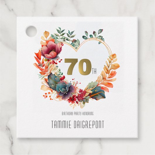Gouden Hart Vorm Peony Bloem 70e Verjaardagsfeest Bedankjes Labels (Voorkant)