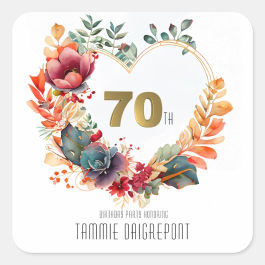 Gouden Hart Vorm Peony Bloem 70e Verjaardagsfeest Vierkante Sticker (Voorkant)