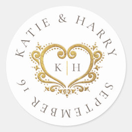 Gouden hart wit bruin monogram bruiloft ronde sticker