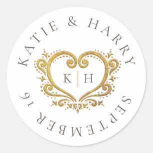 Gouden hart wit bruin monogram bruiloft ronde sticker