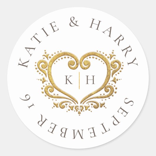 Gouden hart wit bruin monogram bruiloft ronde sticker (Voorkant)