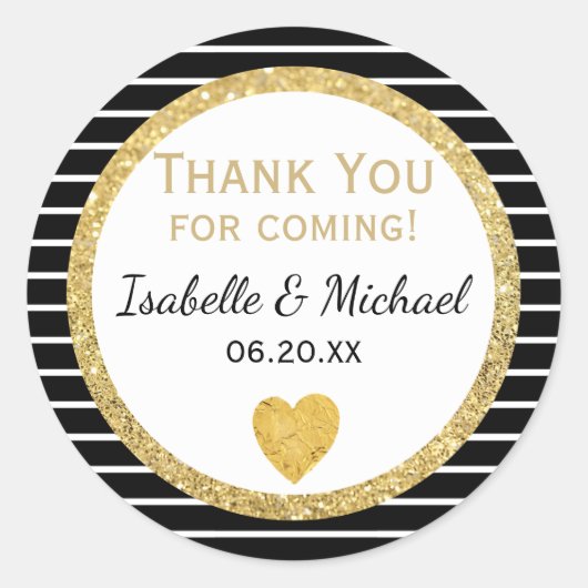 Gouden Hart, Zwart & Wit Strepen Bruiloft Stickers (Voorkant)