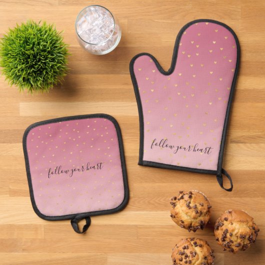 Gouden harten Blush Pink Ombre Ovenwant & Pannenlap Set (Top down)