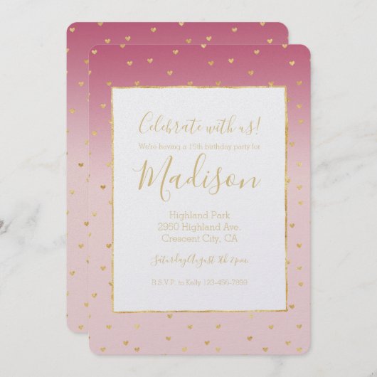 Gouden Harten Blush Roze Ombre Verjaardag Kaart (Voorkant / Achterkant)