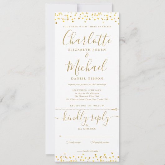 Gouden Harten Confetti Script All-in-One Trouwset Kaart (Voorkant)