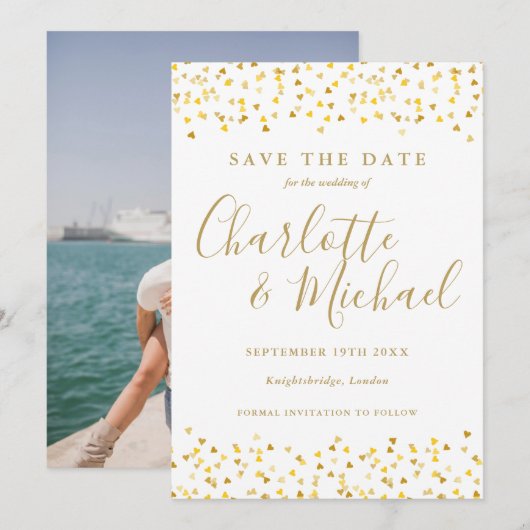 Gouden Harten Confetti Script Foto Huwelijk Save The Date (Voorkant / Achterkant)