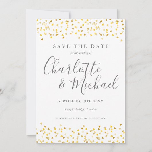 Gouden Harten Confetti Script Foto Save The Date (Voorkant)