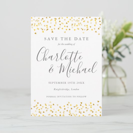 Gouden Harten Confetti Script Foto Save The Date (Staand voorkant)
