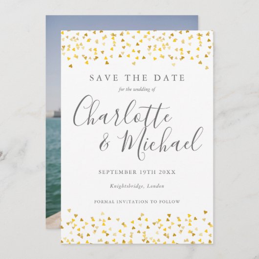 Gouden Harten Confetti Script Foto Save The Date (Voorkant / Achterkant)