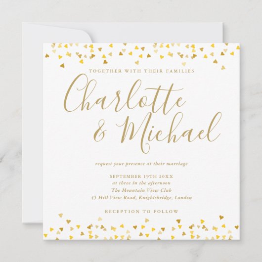 Gouden Harten Confetti Script Trouwkaart Vierkant Kaart (Voorkant)