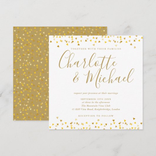 Gouden Harten Confetti Script Trouwvierkant Kaart (Voorkant / Achterkant)