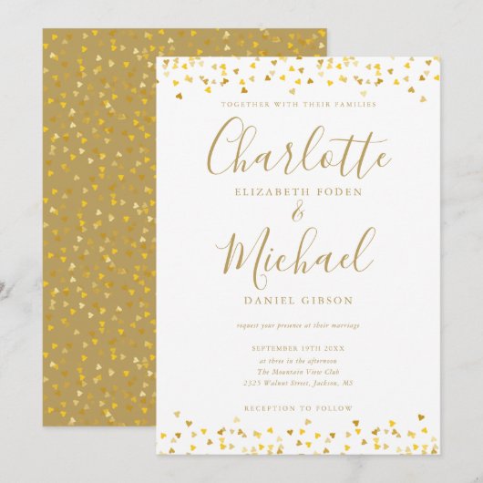 Gouden Harten Confetti Signature Script Trouwen Kaart (Voorkant / Achterkant)