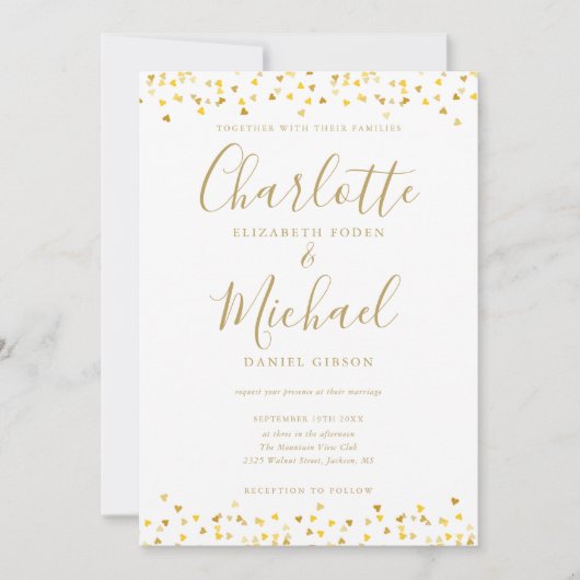 Gouden Harten Confetti Signature Script Trouwkaart Kaart (Voorkant)