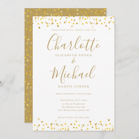 Gouden Harten Confetti Signature Script Trouwkaart Kaart (Voorkant / Achterkant)