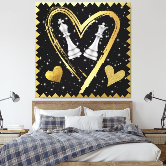 Gouden harten Koning en Koningin Schaakstukken op  Canvas Afdruk (Insitu (Slaapkamer))