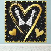 Gouden harten Koning en Koningin Schaakstukken op  Canvas Afdruk (Insitu (Houten vloer))