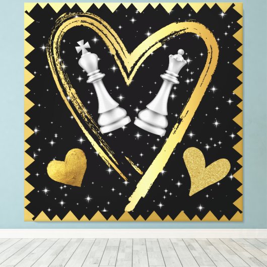 Gouden harten Koning en Koningin Schaakstukken op Canvas Afdruk (Insitu (Houten vloer))