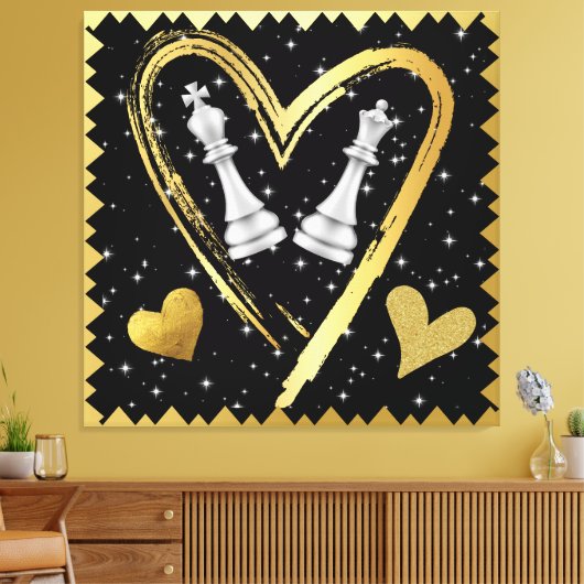 Gouden harten Koning en Koningin Schaakstukken op Canvas Afdruk (Insitu (Woonkamer))