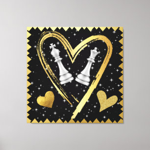 Gouden harten Koning en Koningin Schaakstukken op Canvas Afdruk