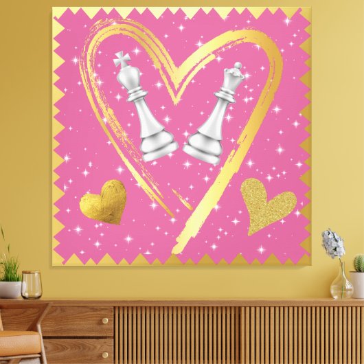 Gouden Harten Koning en Koningin Schaakstukken op Canvas Afdruk (Insitu (Woonkamer))