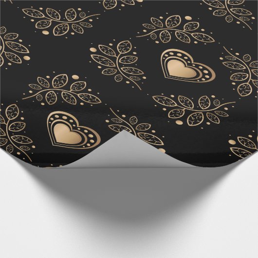 Gouden harten met bladeren cadeaupapier (Hoek)