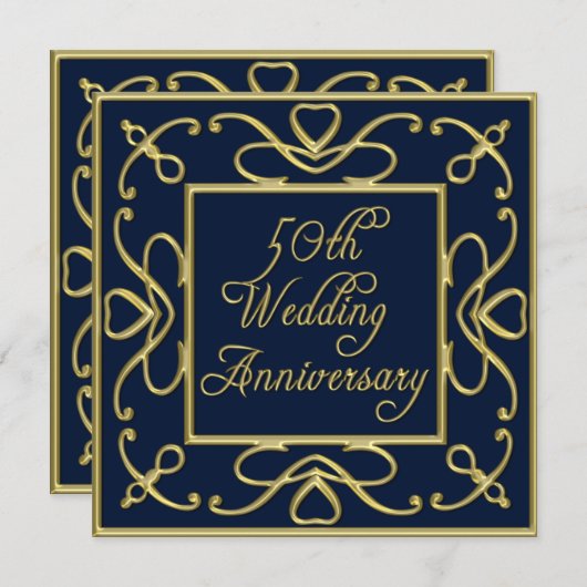 Gouden Harten Op Blauwe 50ste Huwelijksverjaardag Kaart (Voorkant / Achterkant)