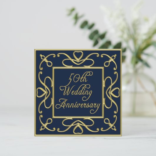 Gouden Harten Op Blauwe 50ste Huwelijksverjaardag Kaart (Staand voorkant)