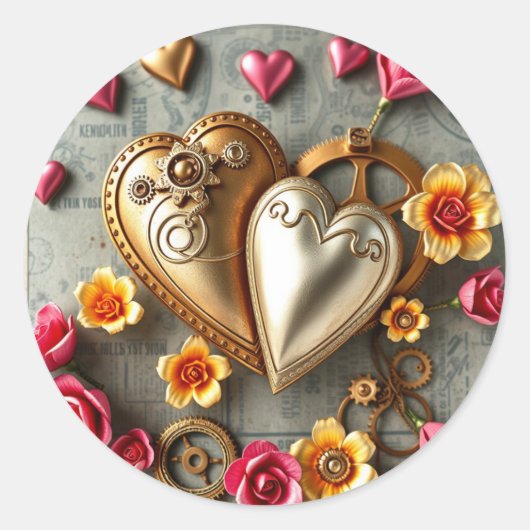 Gouden harten, roze en gele bloemen Steampunk Ronde Sticker (Voorkant)