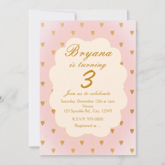 Gouden Harten & Roze Meisjes Verjaardagsfeestuitno Kaart (Voorkant)