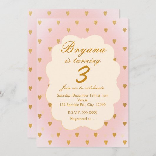 Gouden Harten & Roze Meisjes Verjaardagsfeestuitno Kaart (Voorkant / Achterkant)