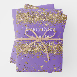 Gouden Harten Schitteren Paarse Glitter Verjaardag Inpakpapier Vel