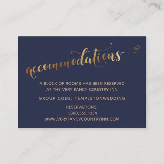 Gouden Harten Script Navy Trouwaccommodaties Informatiekaartje (Voorkant)