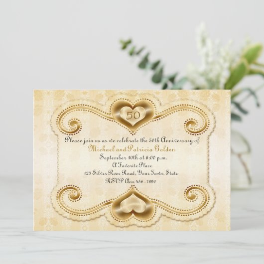 Gouden Hartens 50ste Verjaardag Kaart (Staand voorkant)