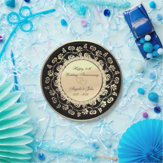 Gouden Hartjes Bloem Diamanten 50ste Huwelijksverj Papieren Bordje (Feest)