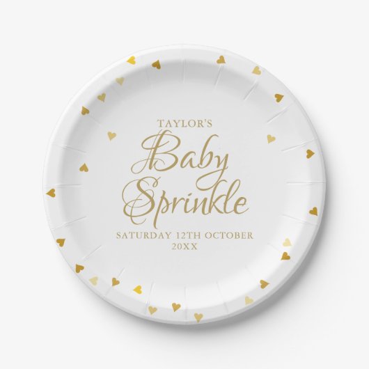 Gouden Hartjes Confetti Baby Sprinkle / Shower Papieren Bordje (Voorkant)
