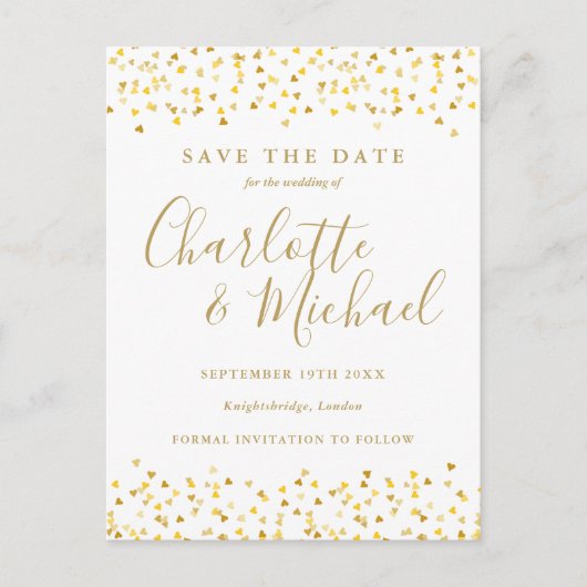 Gouden Hartjes Confetti Save The Date Briefkaart (Voorkant)